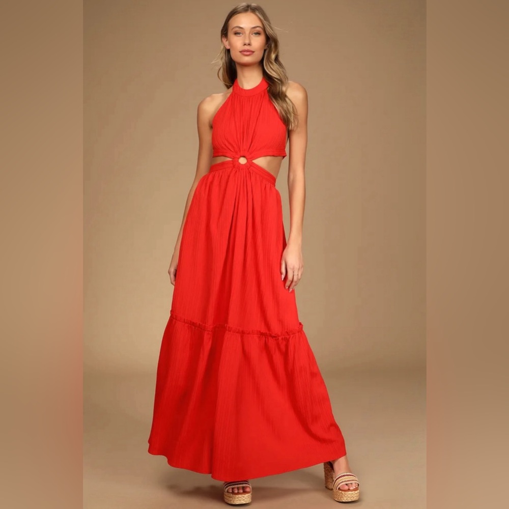 Lulus Island Vacay Red Tie-Back Maxi Halter Dress Sz S